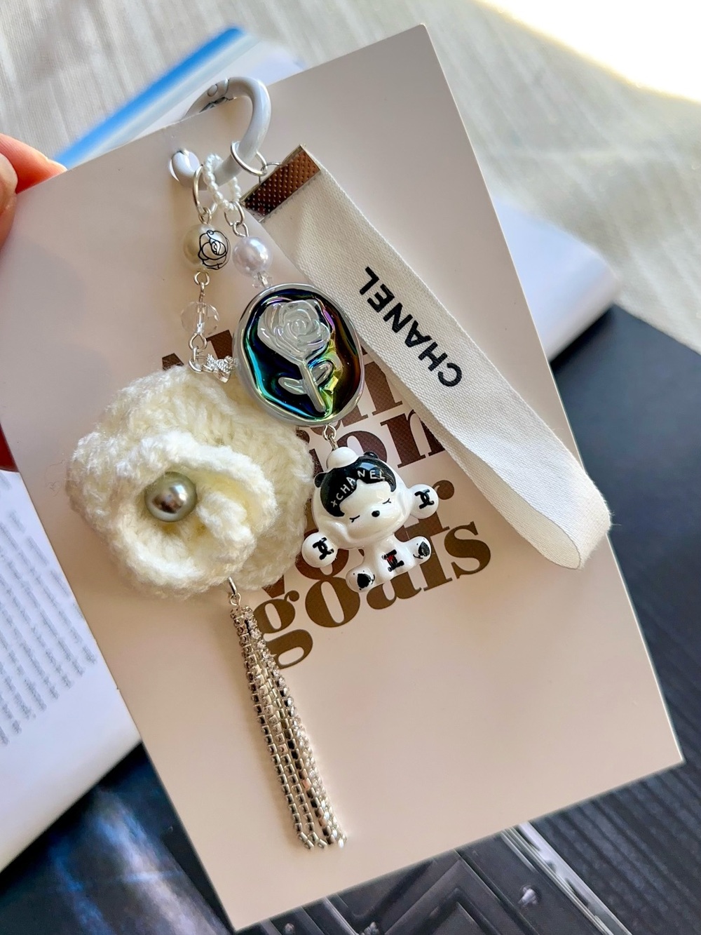 Authentic CC Ribbon with Camellia Tassel & Skullpanda Bag Charm - Picture 2 of 5